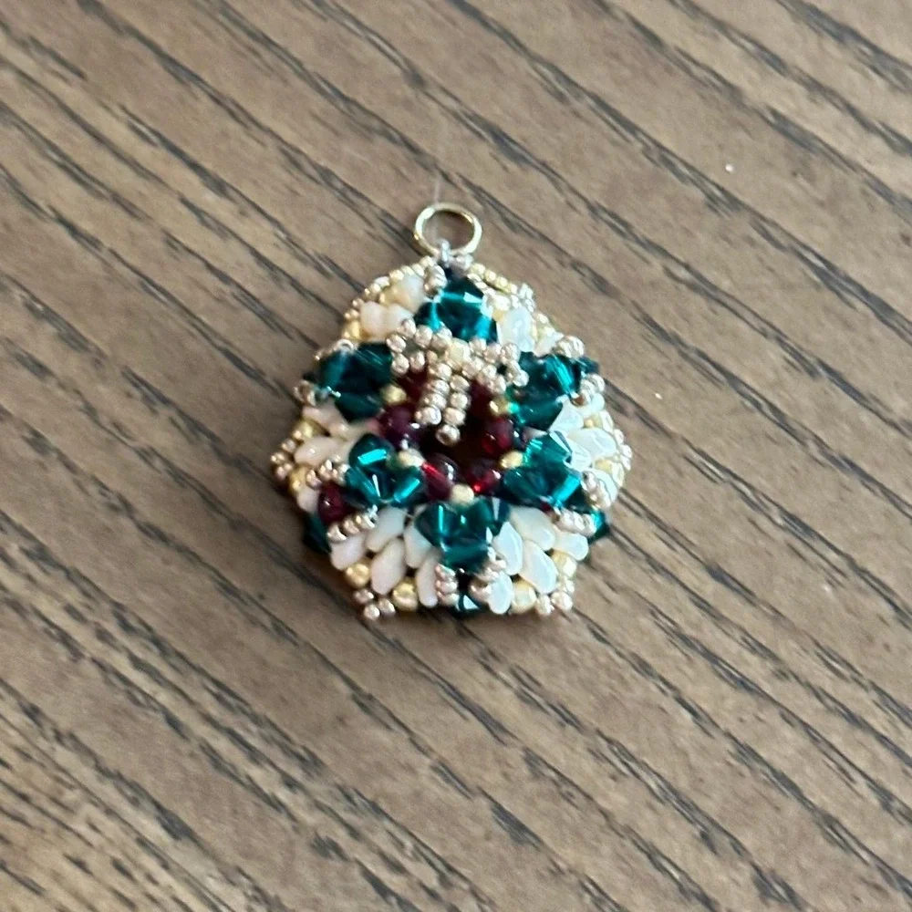 Handmade Beaded Christmas Wreath Ornament Green Red White 1.5 Inch Holiday Decor